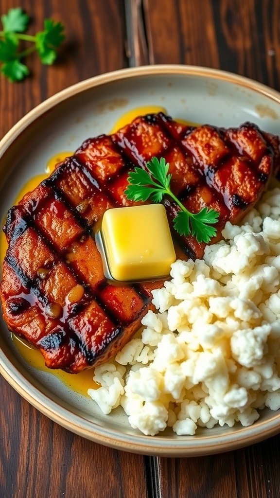 A plate of garlic butter steak with rice, garnished with parsley, on a rustic wooden table.